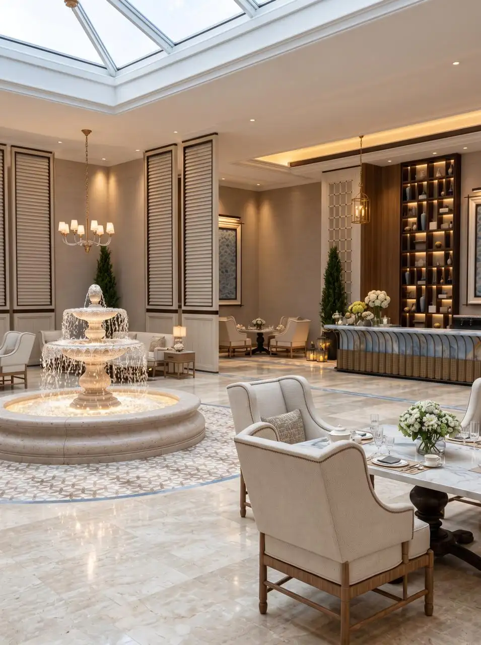 Skylit lobby with a travertine fountain, ivory armchairs and a reception desk before lit shelving