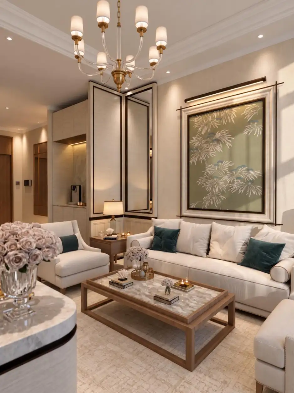 Suite sitting room with teal cushions and a timber coffee table