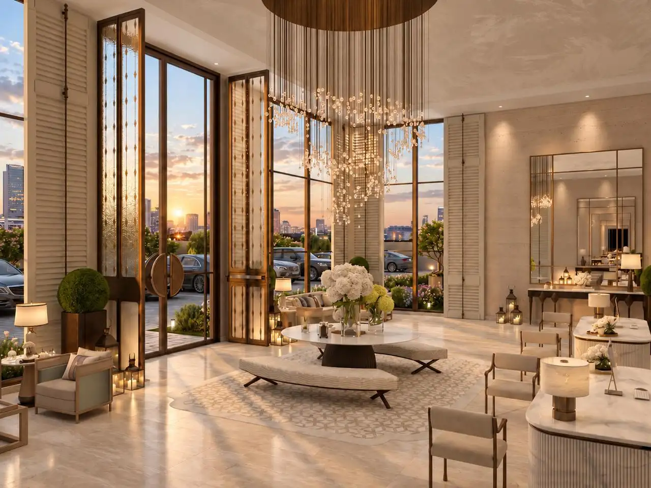 Suite lounge opening onto a balcony at sunset