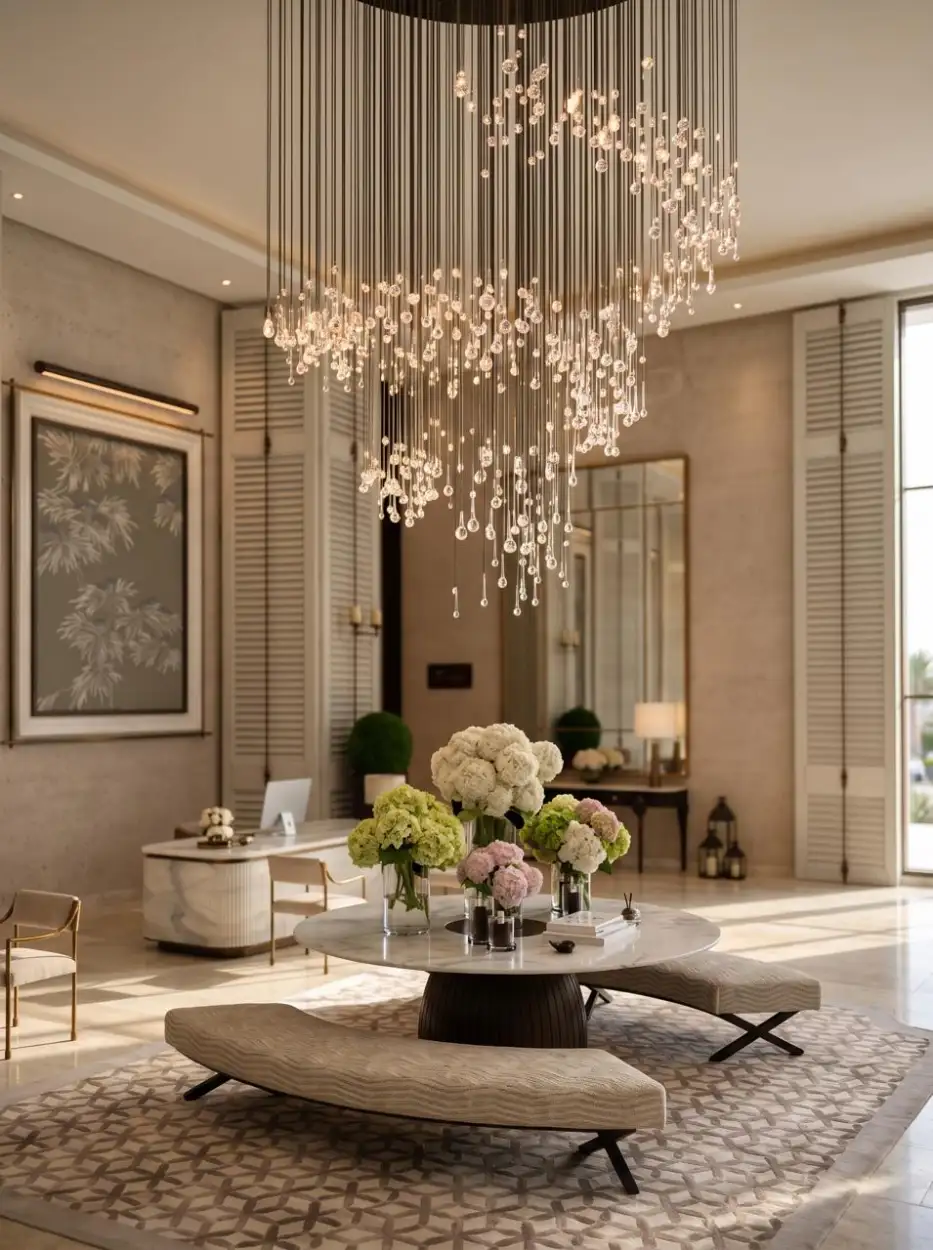 Round table with flowers beneath a cascading crystal chandelier in the suite