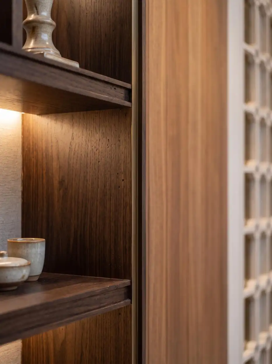Walnut shelving and a lattice screen in warm light