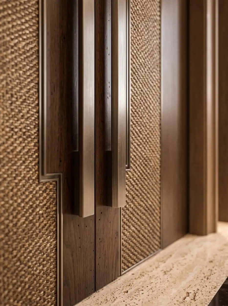 Fluted bronze panels and woven wall textures