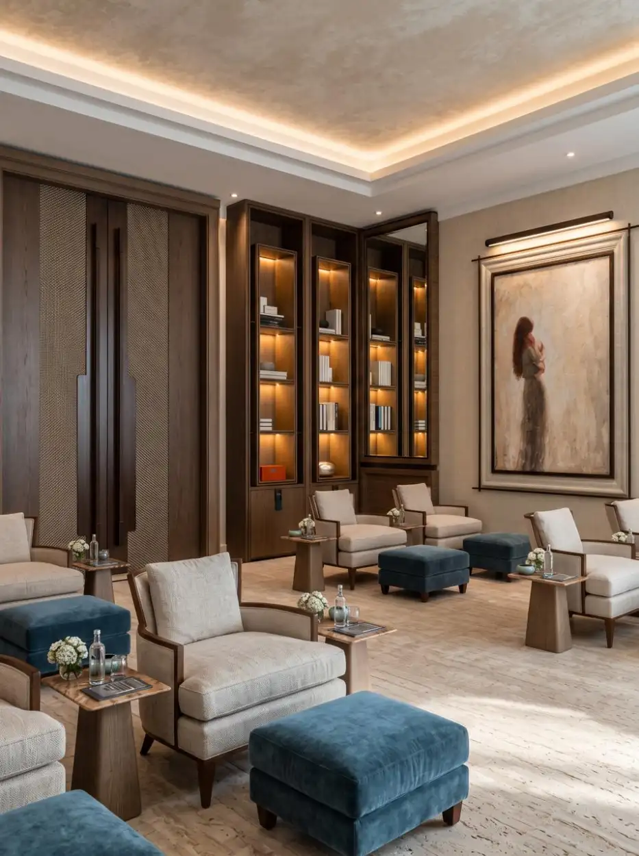 Waiting lounge with teal ottomans, ivory armchairs and lit bookshelves