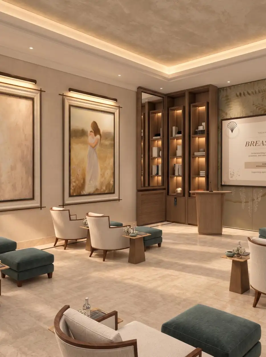 Waiting lounge with a portrait of a mother and seating around low tables
