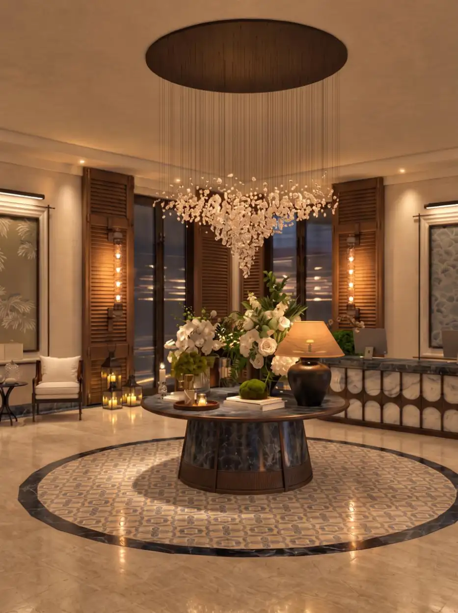 Round marble table with white flowers beneath a crystal chandelier