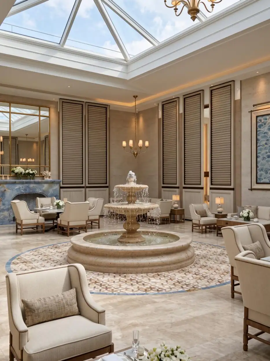 Lobby lounge around the fountain beneath the glass roof, with tall shutters on the walls