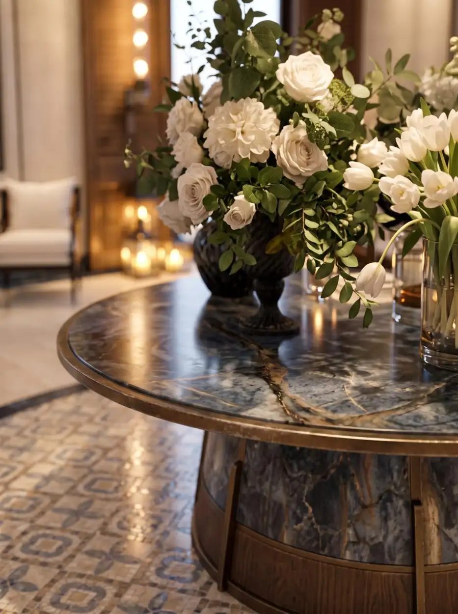 Flowers on the blue marble table with candles behind
