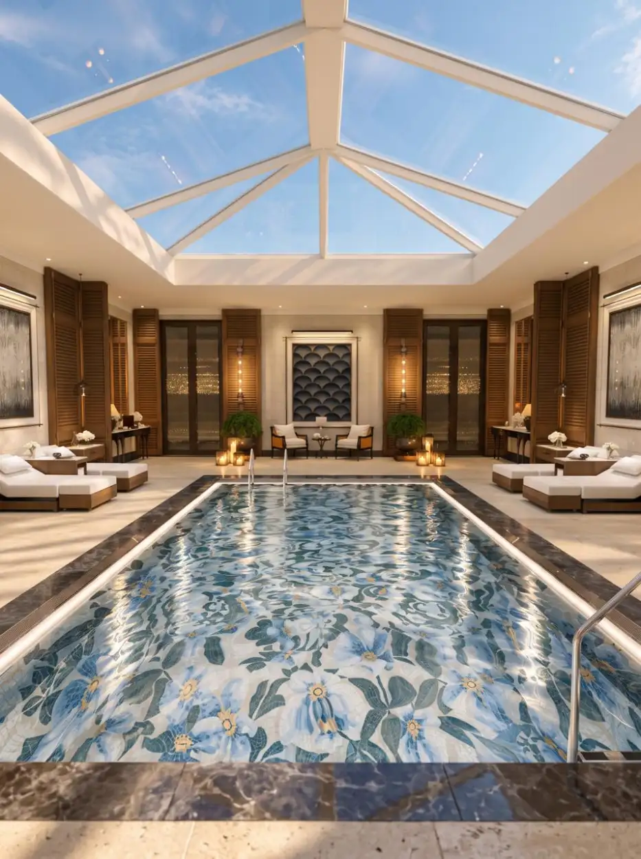 Indoor pool with a blue floral mosaic beneath a glass roof