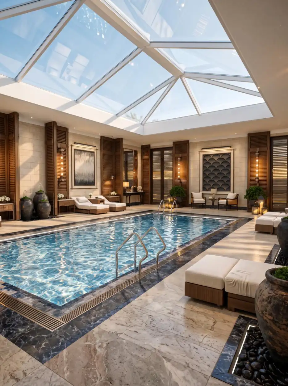 Indoor pool with loungers along the travertine deck