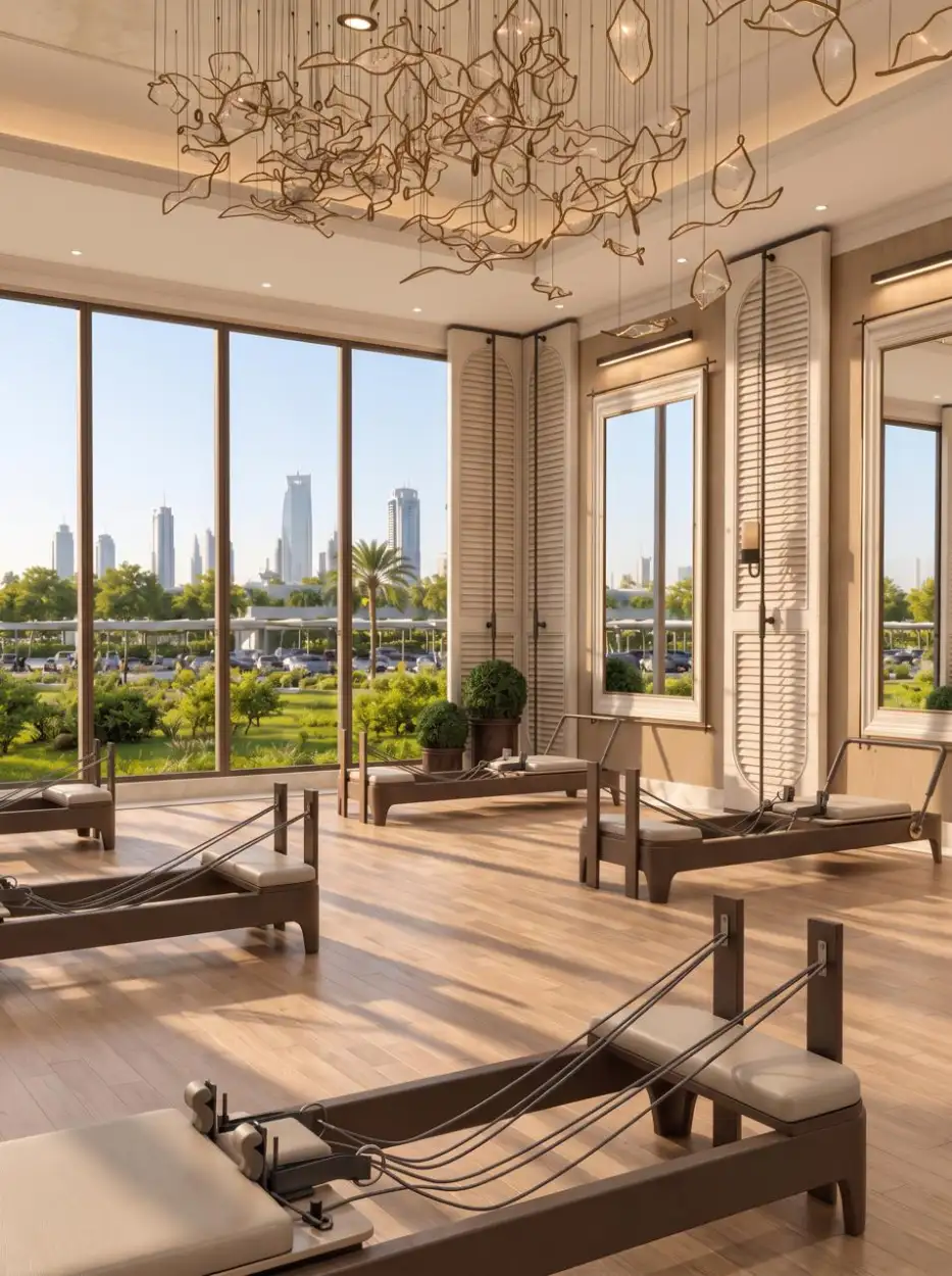 Pilates studio with reformers before floor-to-ceiling windows