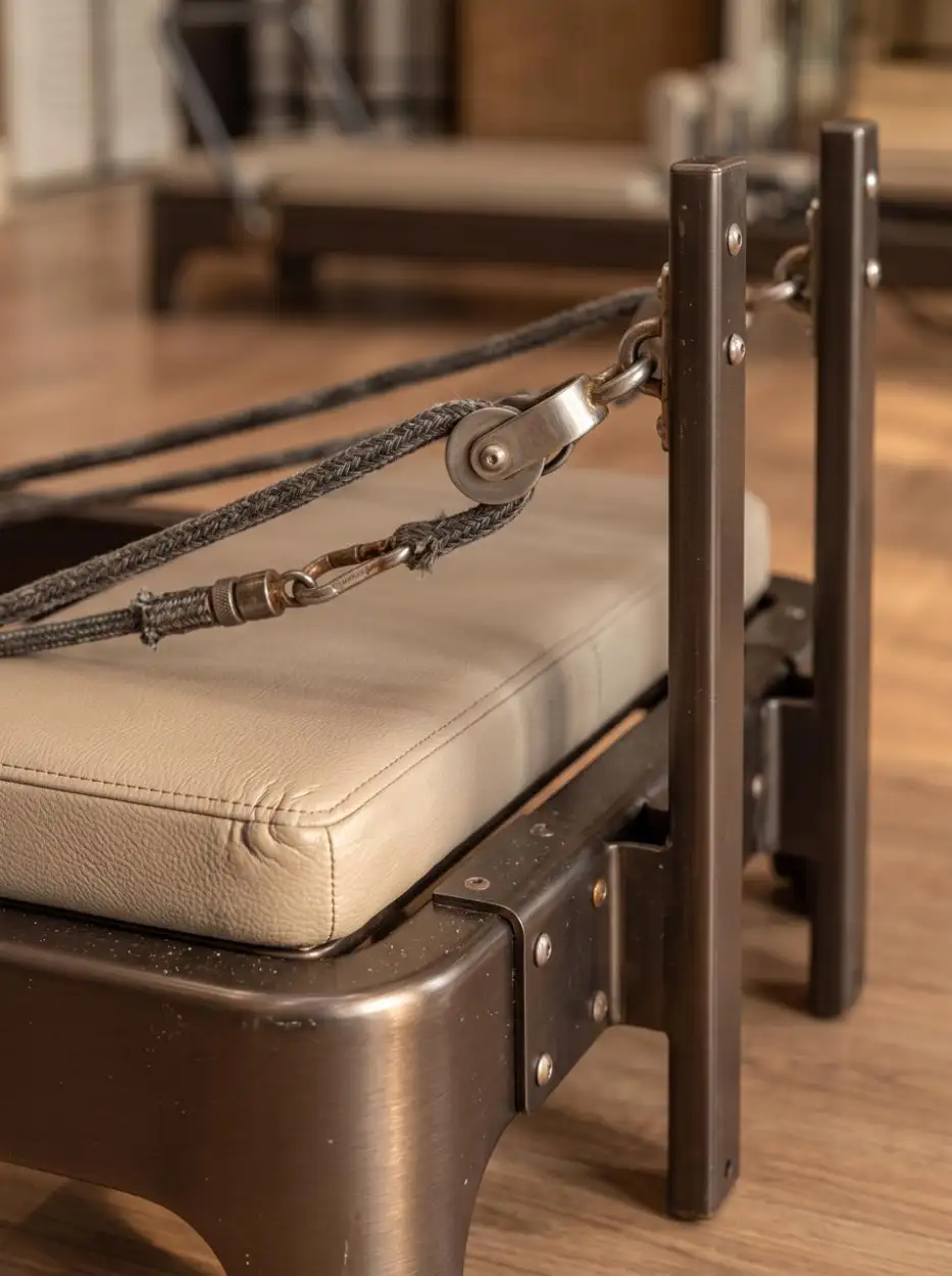 Leather and bronze reformer up close