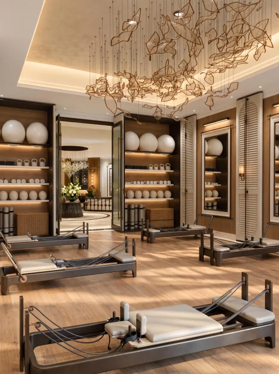 Pilates studio with shelves of exercise balls beneath a sculptural chandelier