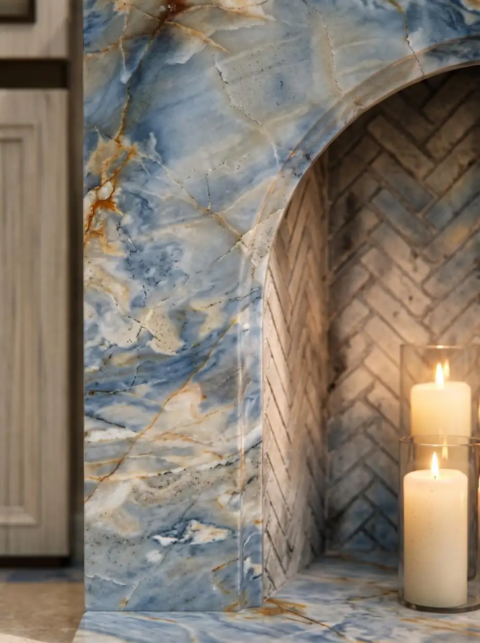 Blue marble fireplace with candles in its arched hearth