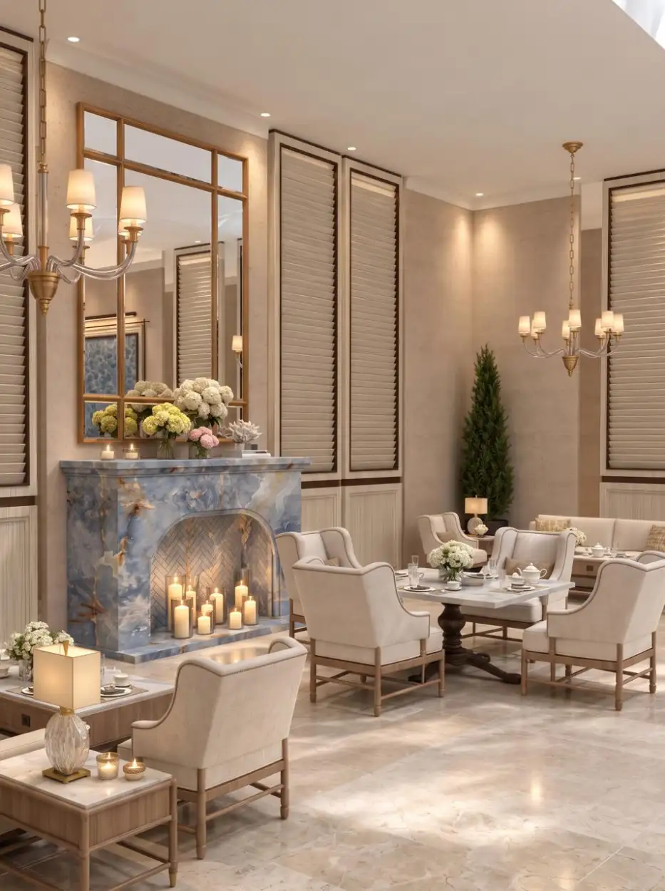 Tea lounge around a blue marble fireplace