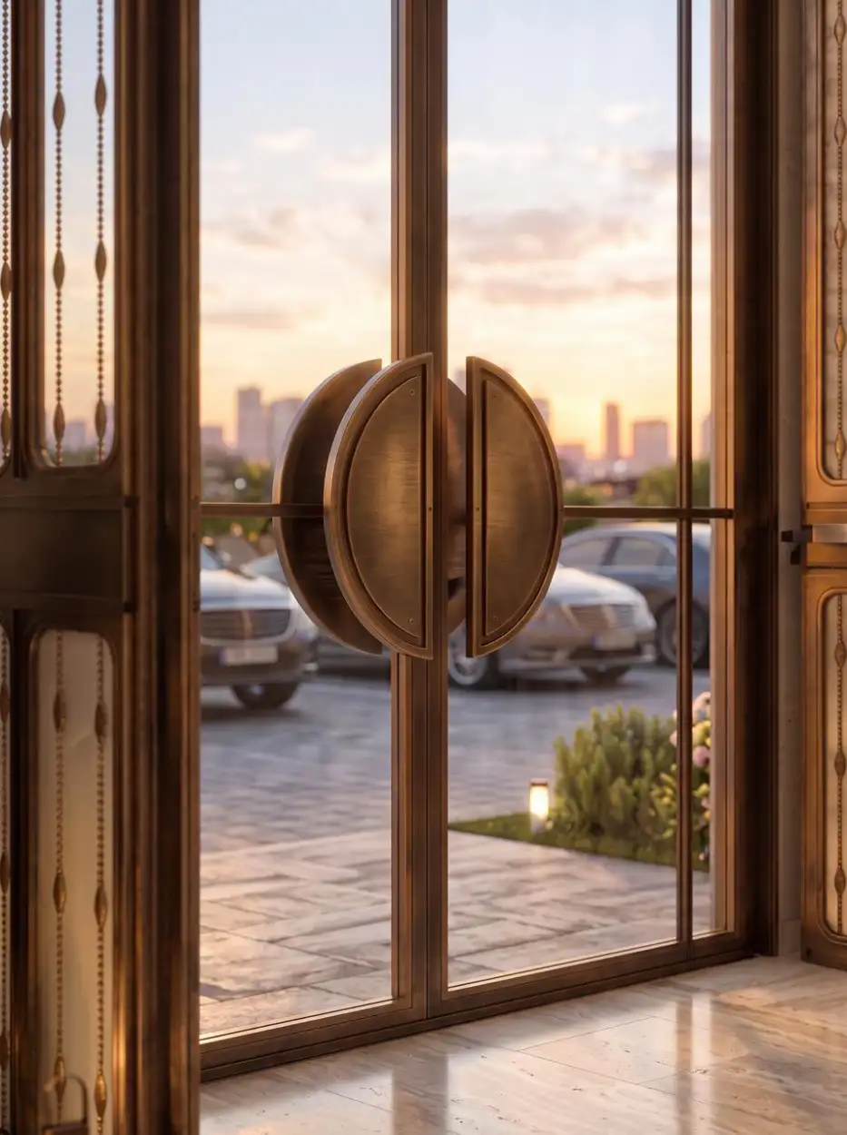 Bronze door handles framing a view of the city at dusk