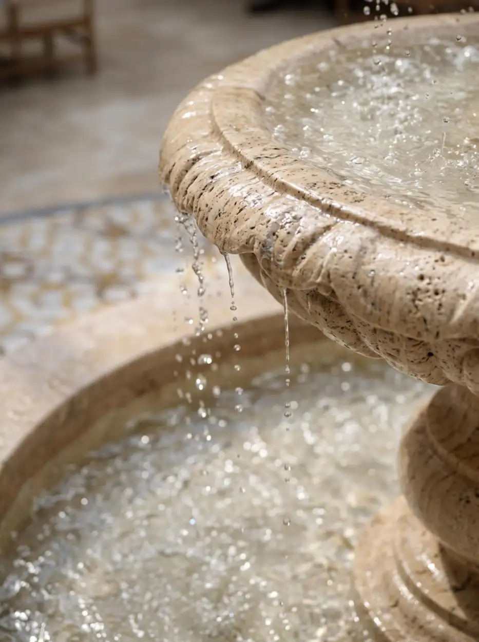 Water falling from the rim of the travertine fountain