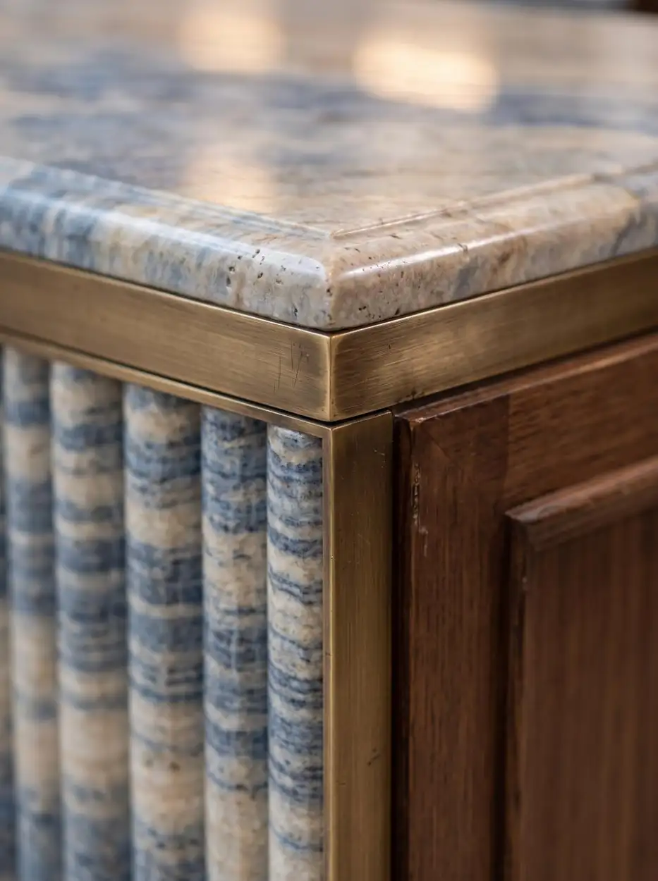 Blue marble counter with a bronze edge