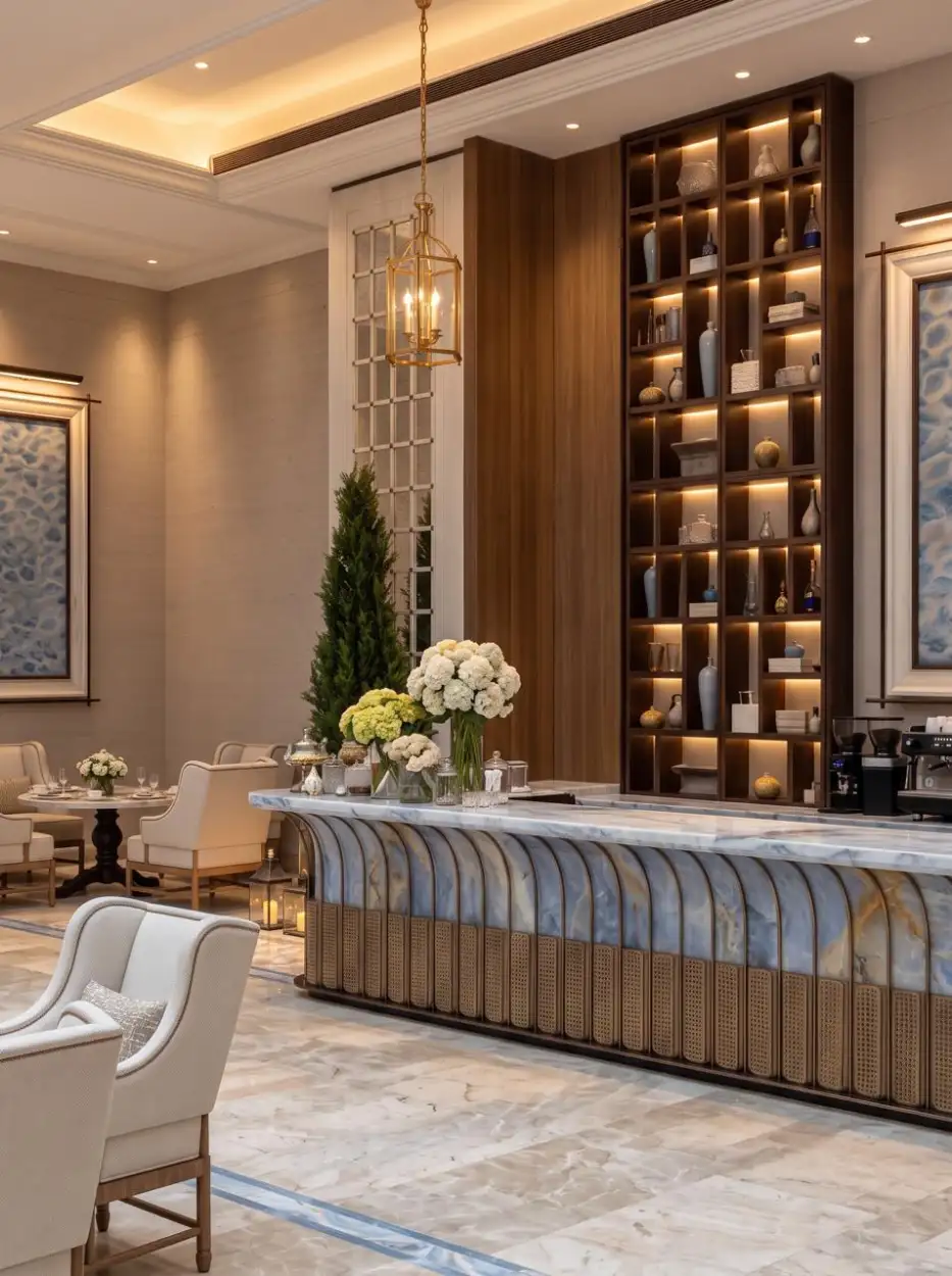 Reception desk in blue marble before lit walnut shelving