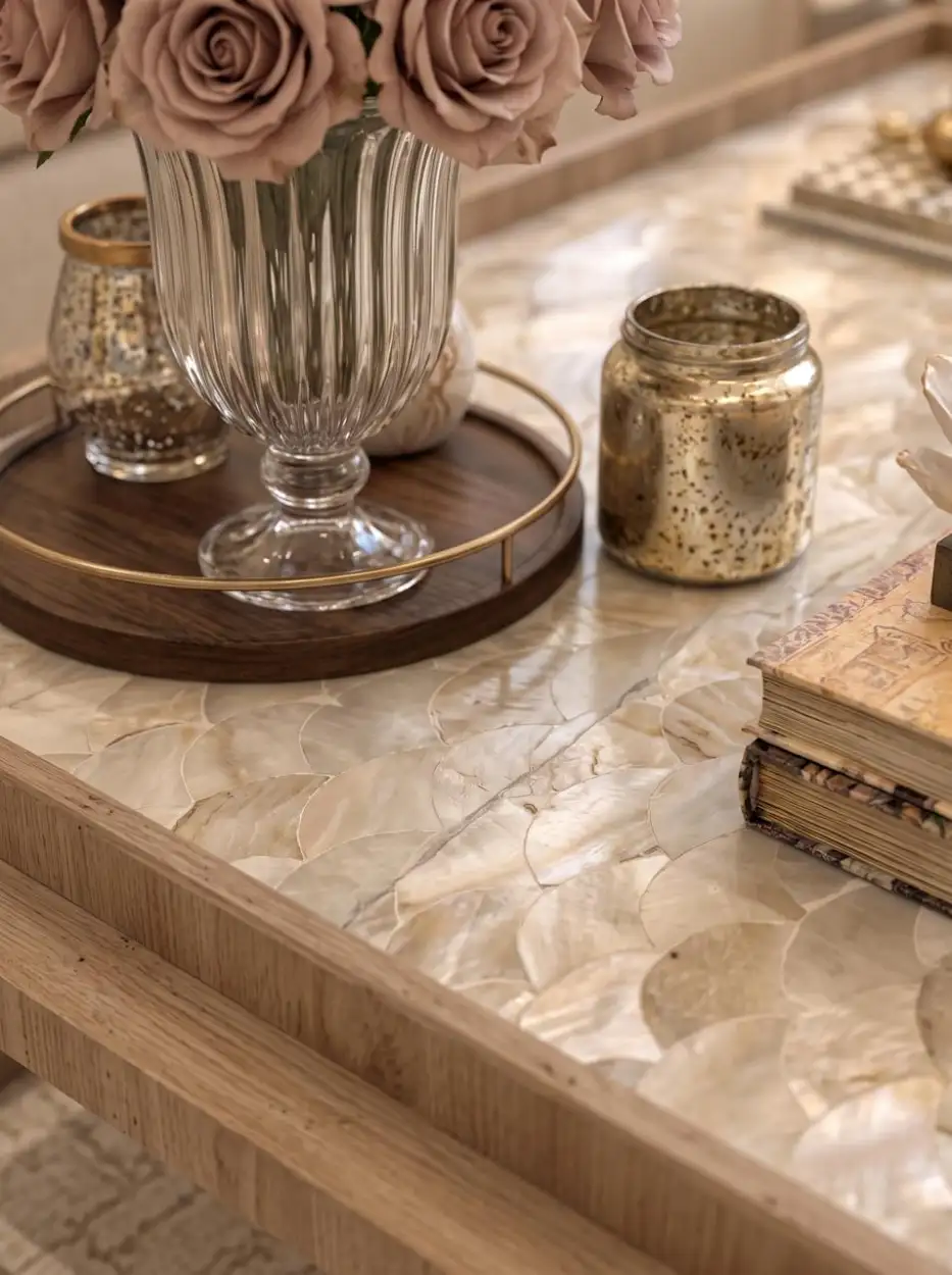 Mother-of-pearl table with a crystal vase of roses