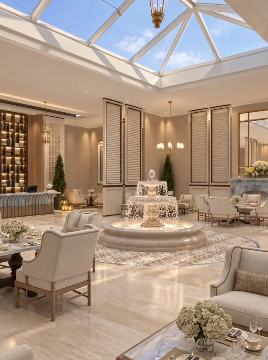 Lobby seen from the entrance, with the fountain on a mosaic floor