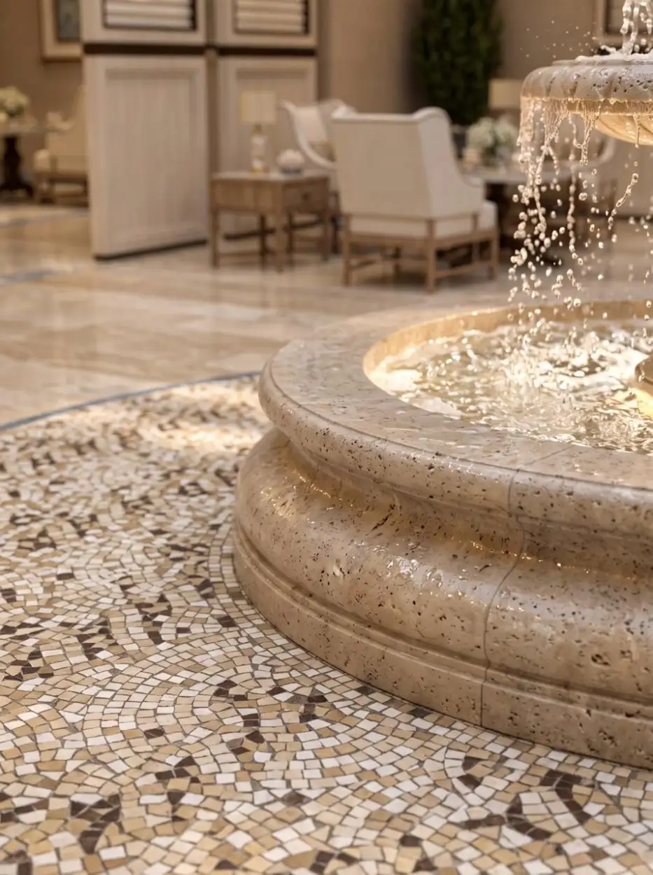 Base of the fountain on a pebble mosaic floor