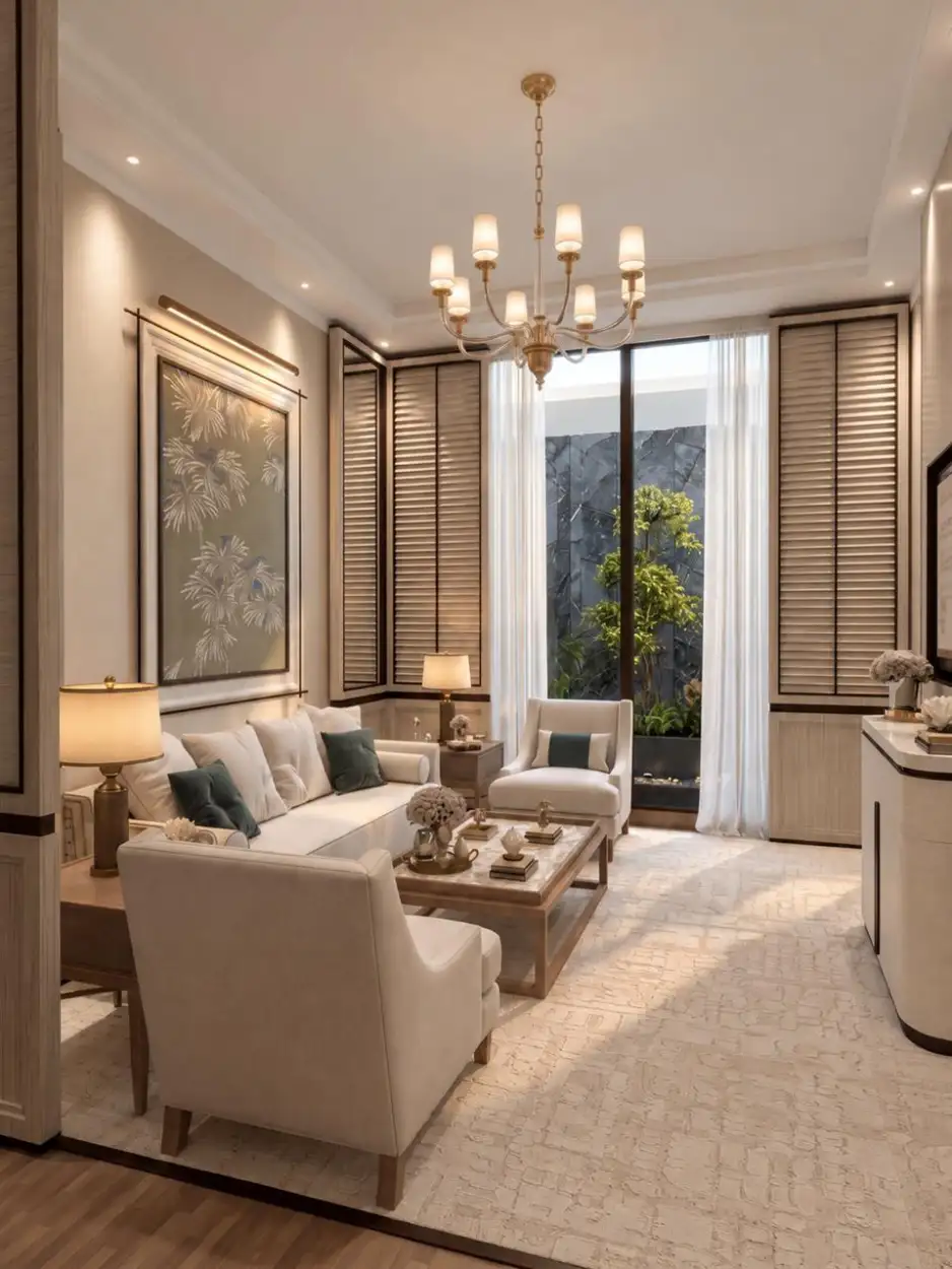 Suite sitting room in ivory and sand with a chandelier and shuttered windows