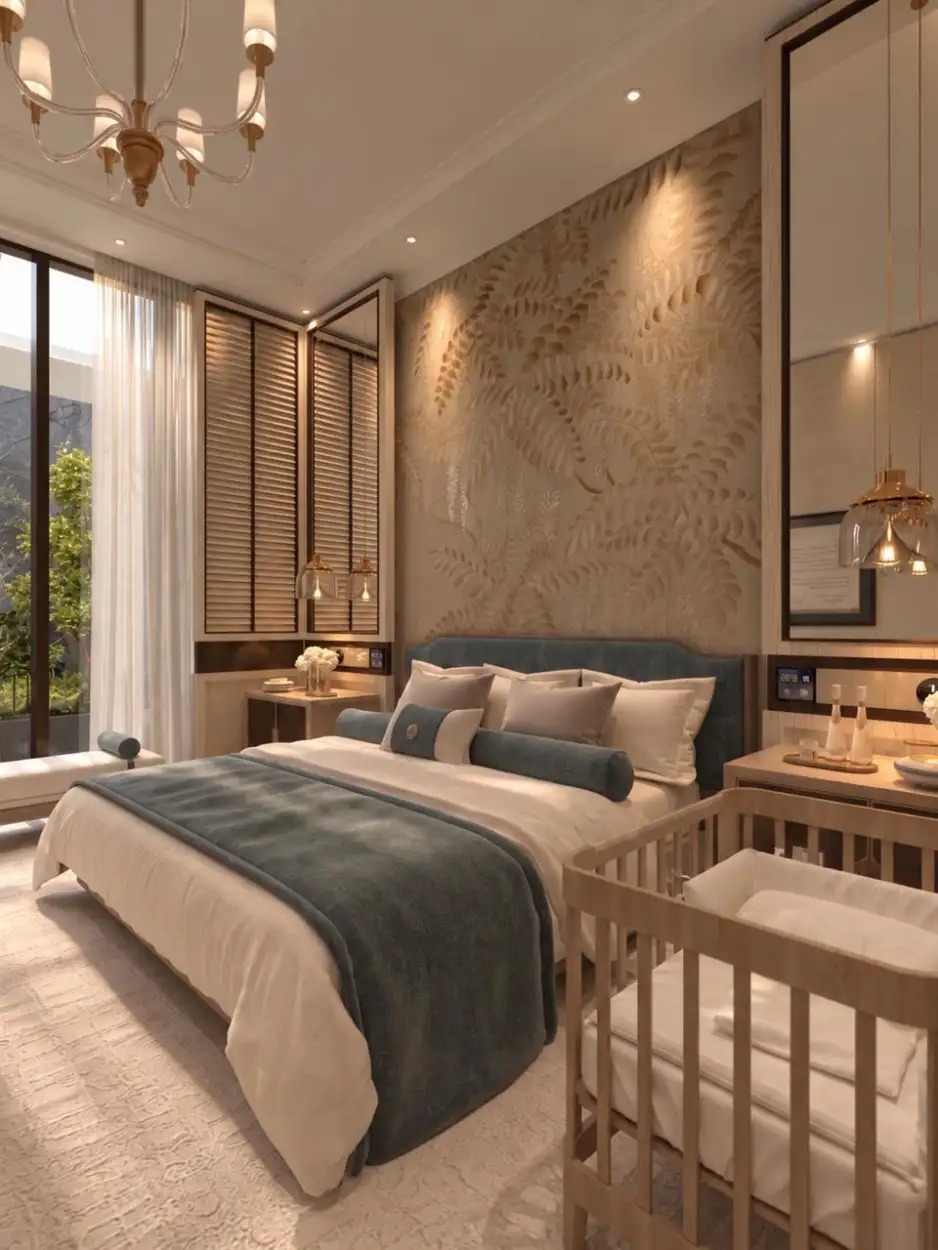 Suite bedroom with a teal throw and a cot beside the bed