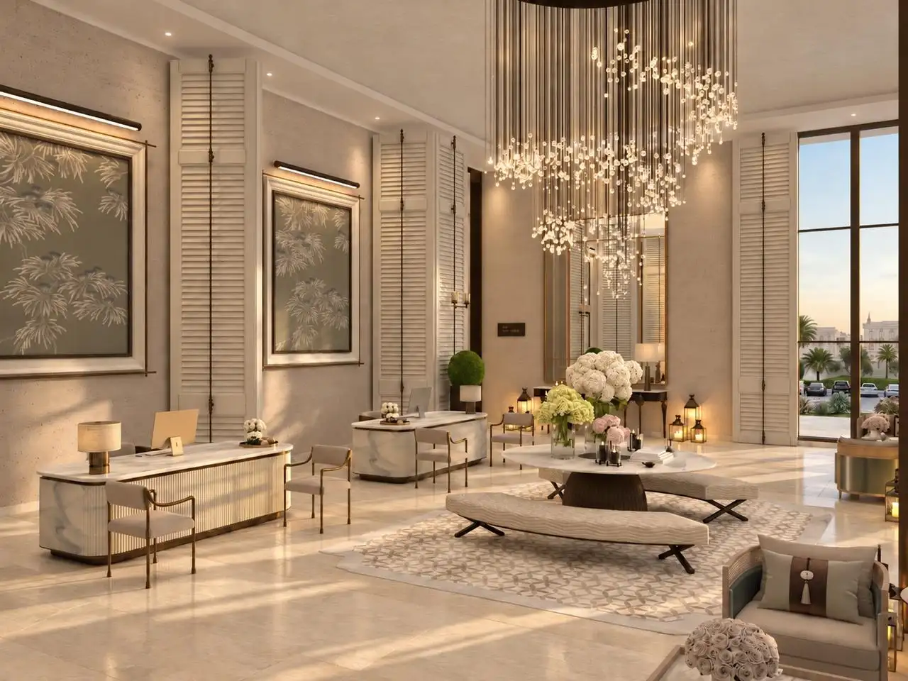 Suite living area with a crystal chandelier and a desk by the window