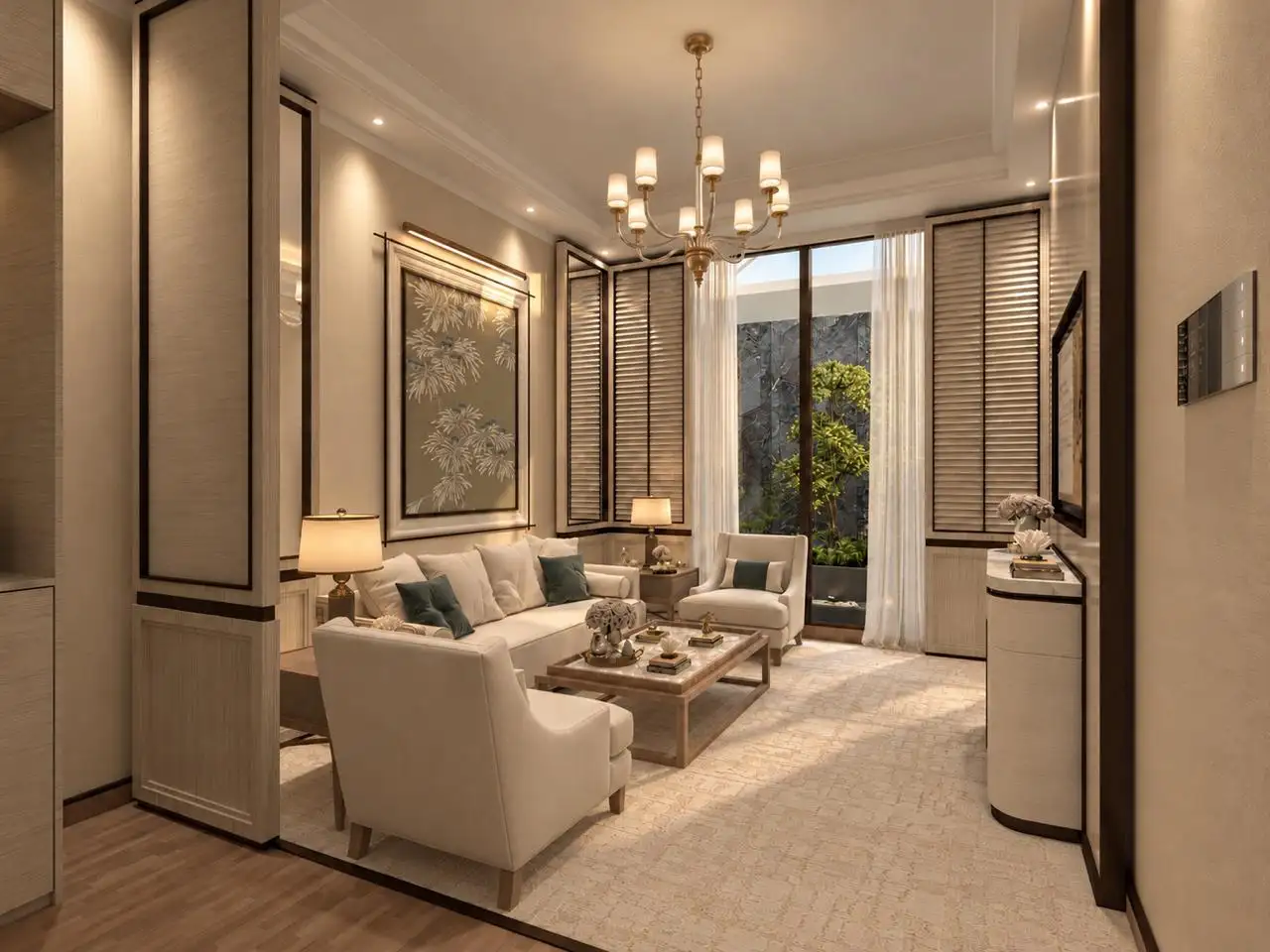Suite lounge with ivory sofas and a botanical panel above