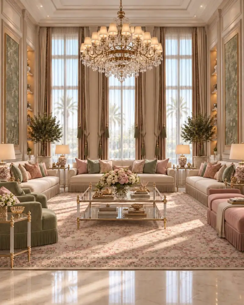Majlis with tall windows, powder-pink and sage furnishings and a crystal chandelier