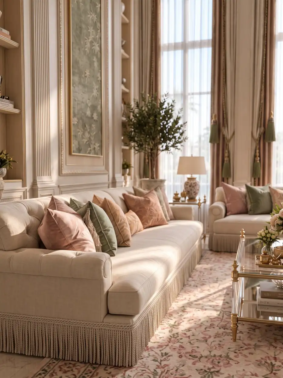 Fringed ivory sofa with pink and sage cushions