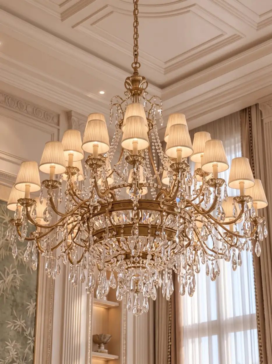 Many-armed crystal chandelier with silk shades