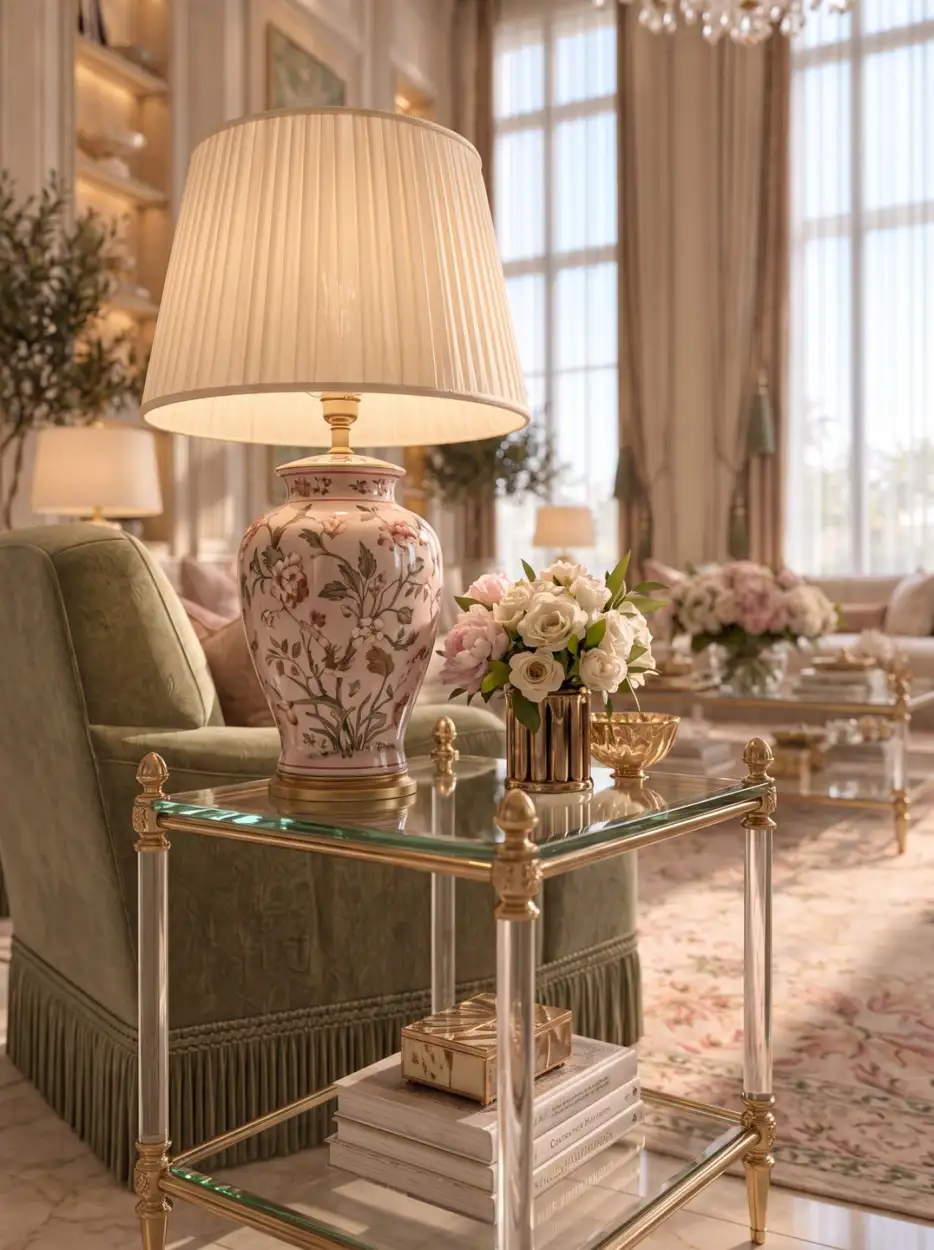 Porcelain lamp on a glass side table beside a sage armchair
