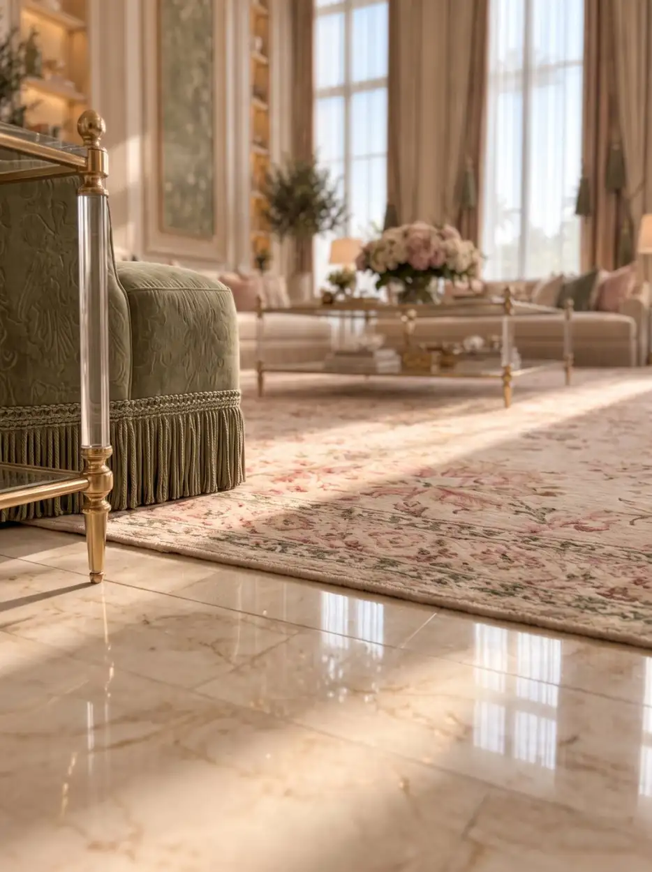 Sunlit marble floor and a floral rug