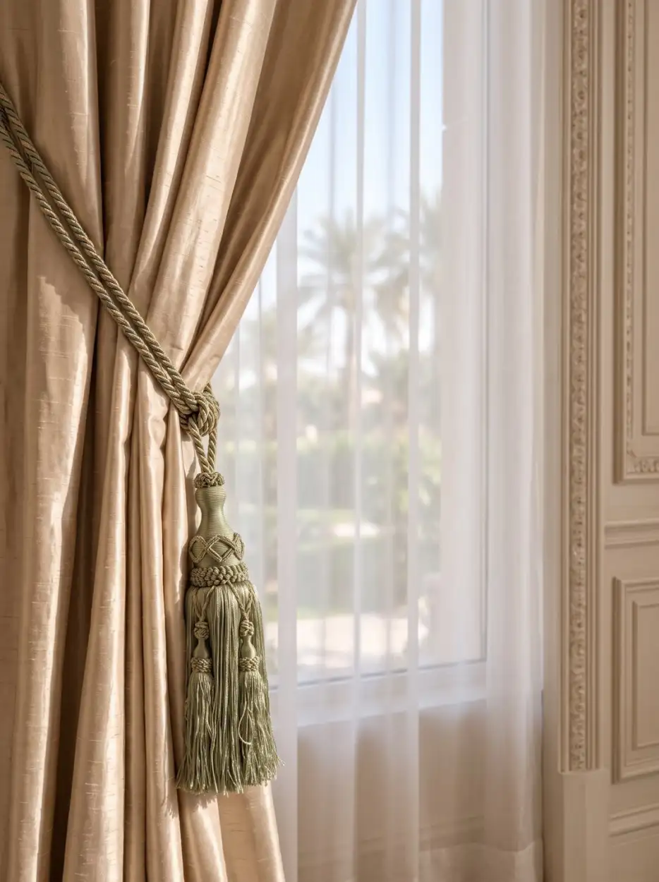 Silk curtain with a sage tassel tieback