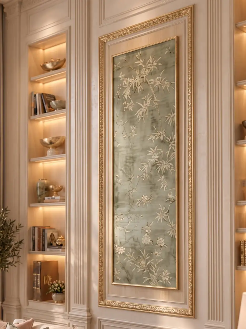 Chinoiserie wall panel between lit bookshelves