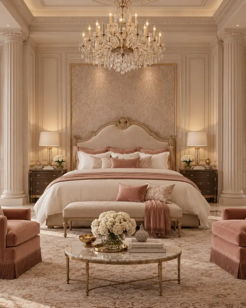 Bedroom with classic columns, a pink velvet bench and a crystal chandelier