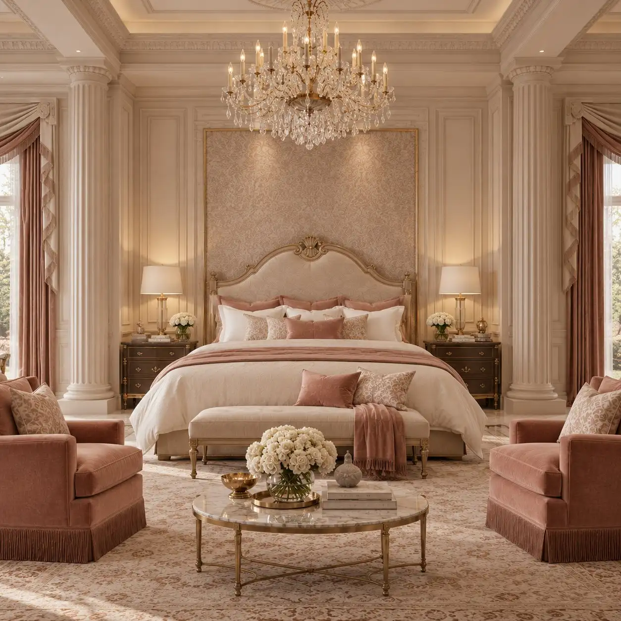Bedroom with classic columns, a pink velvet bench and a crystal chandelier