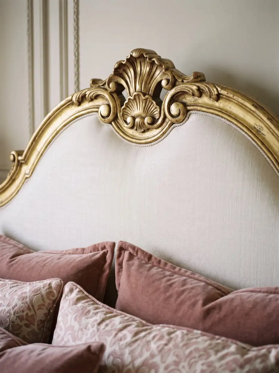 Gilded headboard with pink velvet cushions
