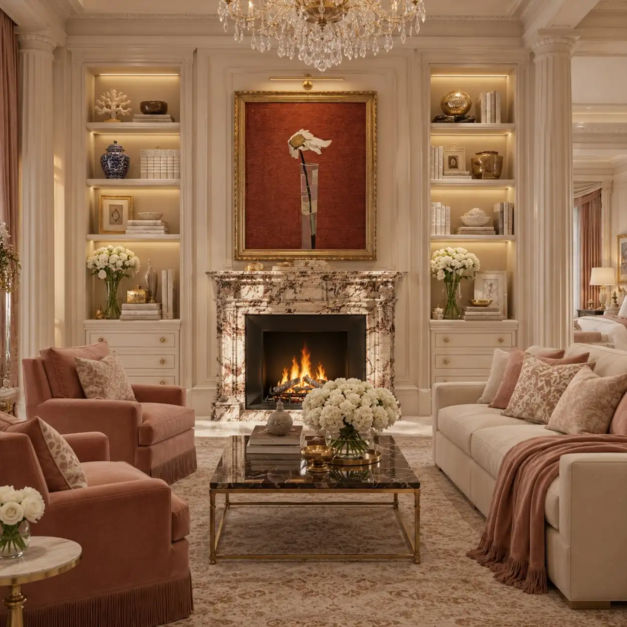Sitting area with a marble fireplace beneath a red painting