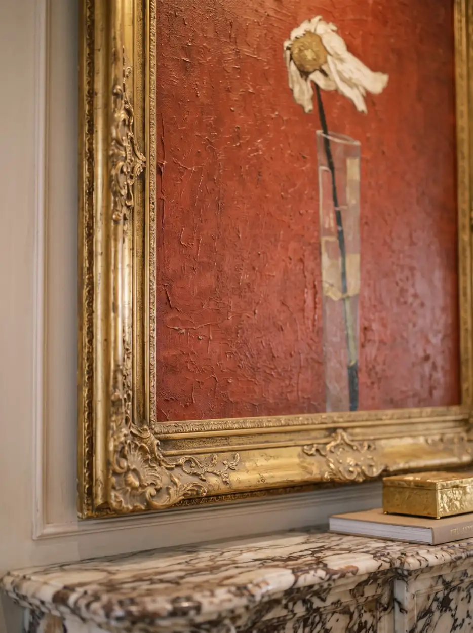 Red painting in an ornate gold frame
