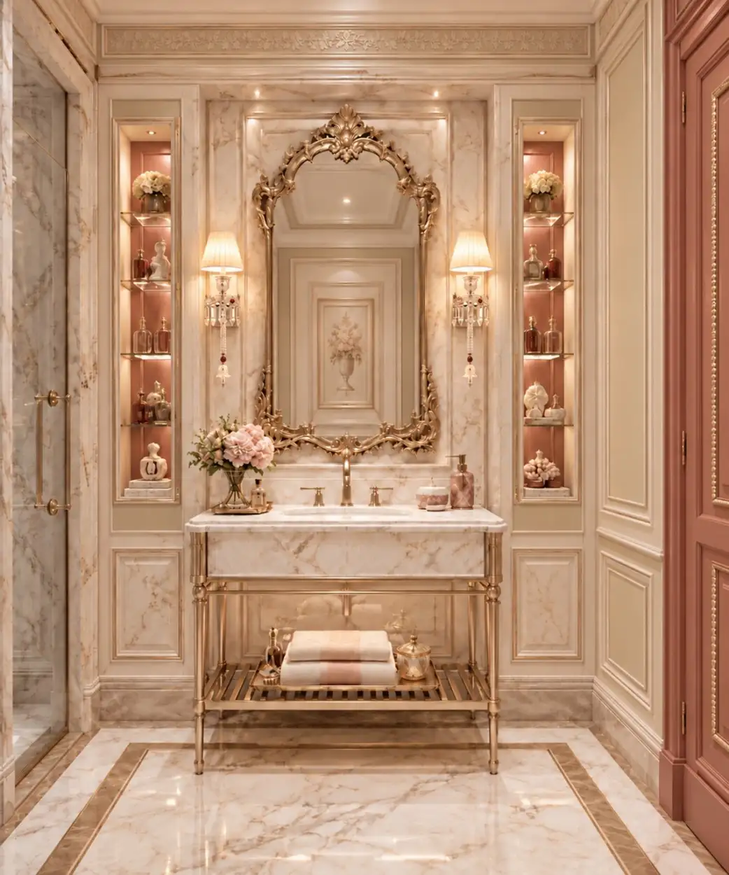 Bathroom vanity with a carved gold mirror and lit display shelves