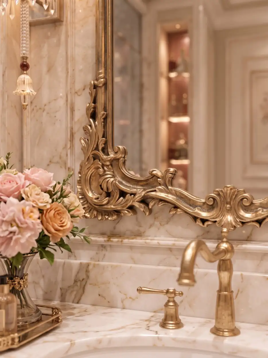 Gold tap and carved mirror frame with roses