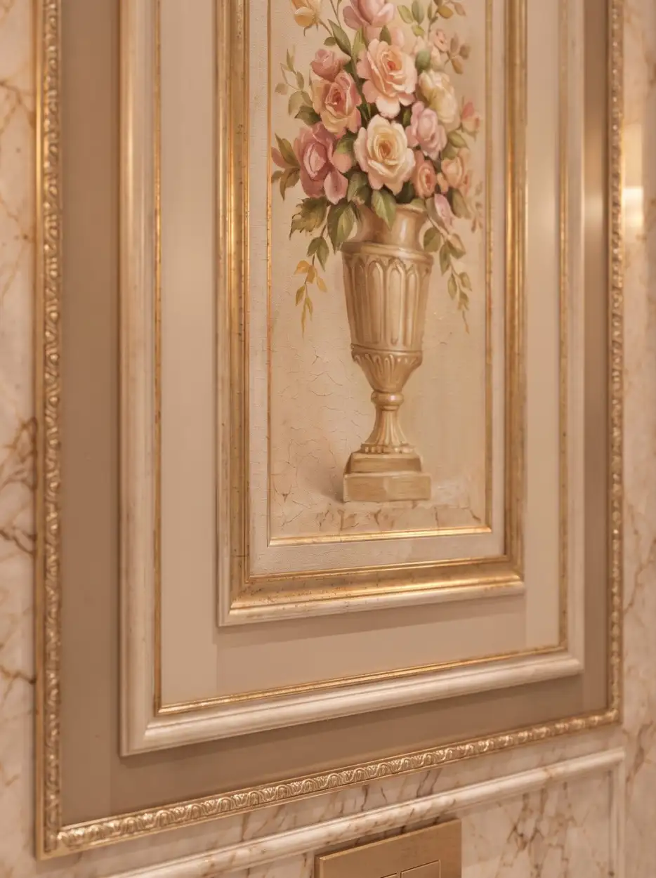 Painted floral panel in a pink and gold frame