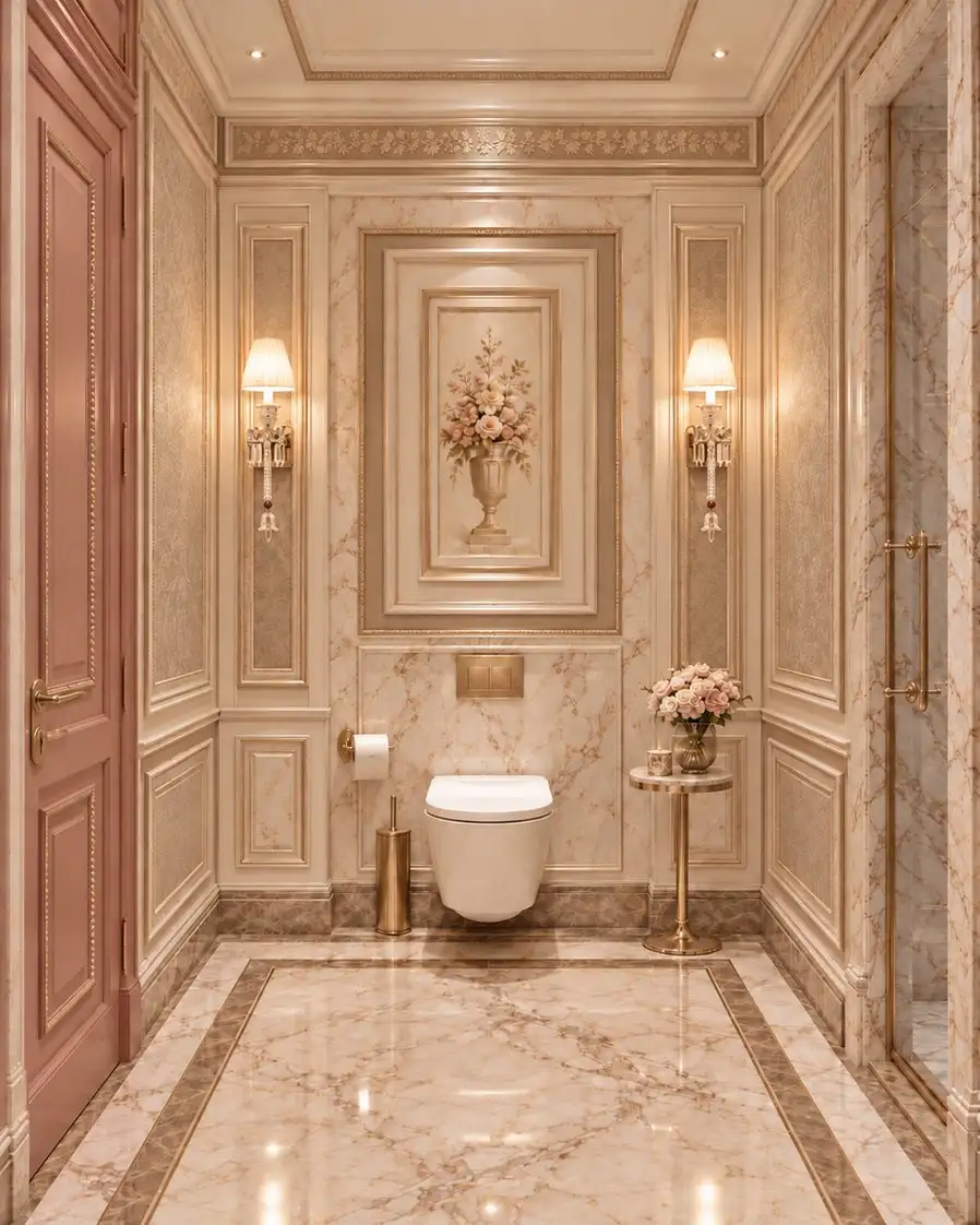 WC with pink doors and a marble floor