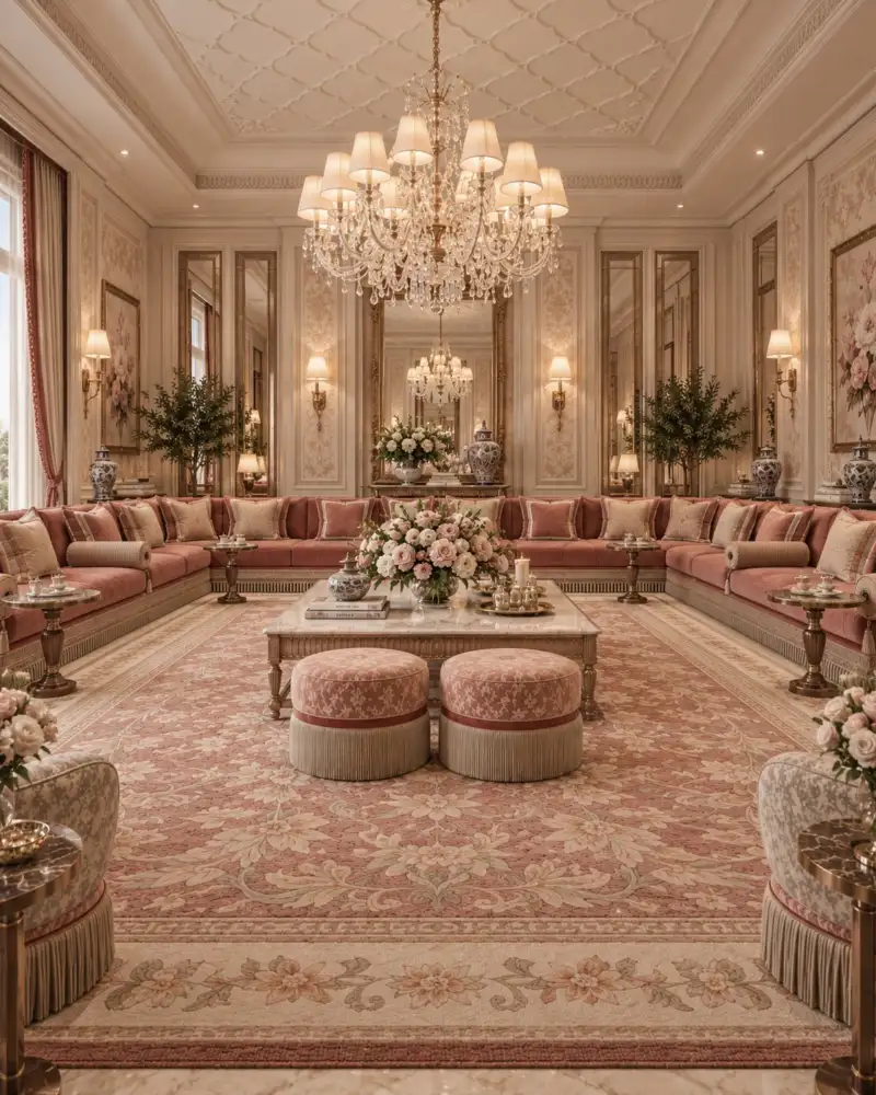 Majlis in antique rose with long sofas and a crystal chandelier