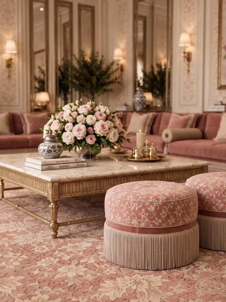 Marble table and fringed pink poufs