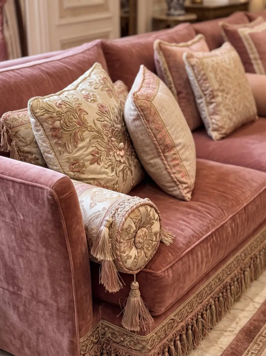 Rose velvet sofa with embroidered cushions