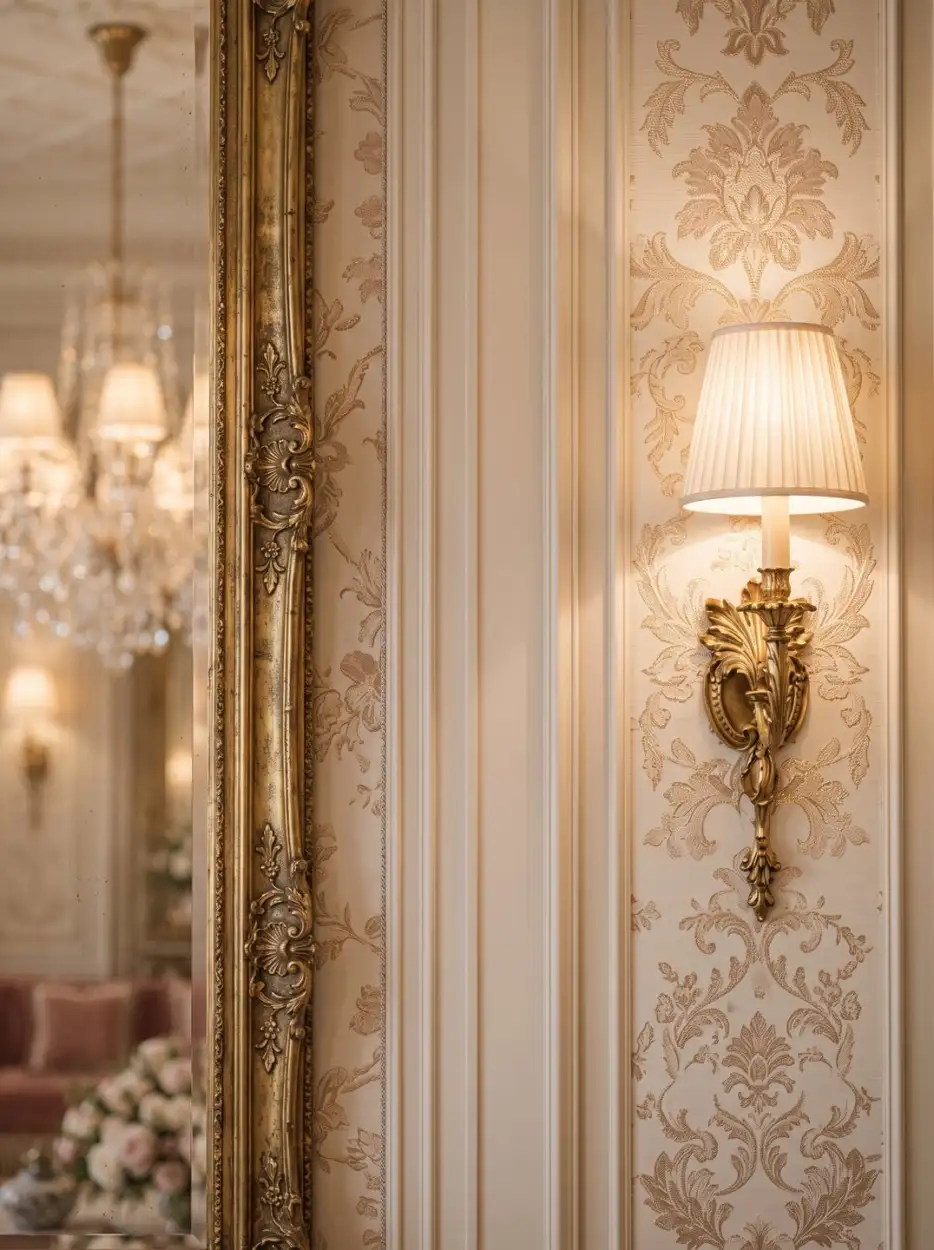 Damask wall with a gilded sconce