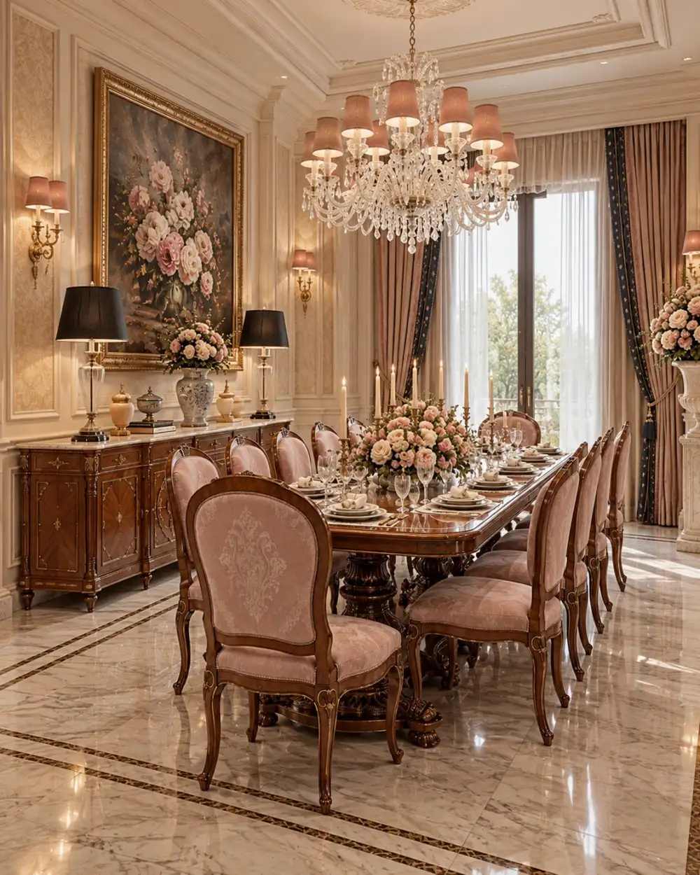 Dining room with a long timber table and pink upholstered chairs